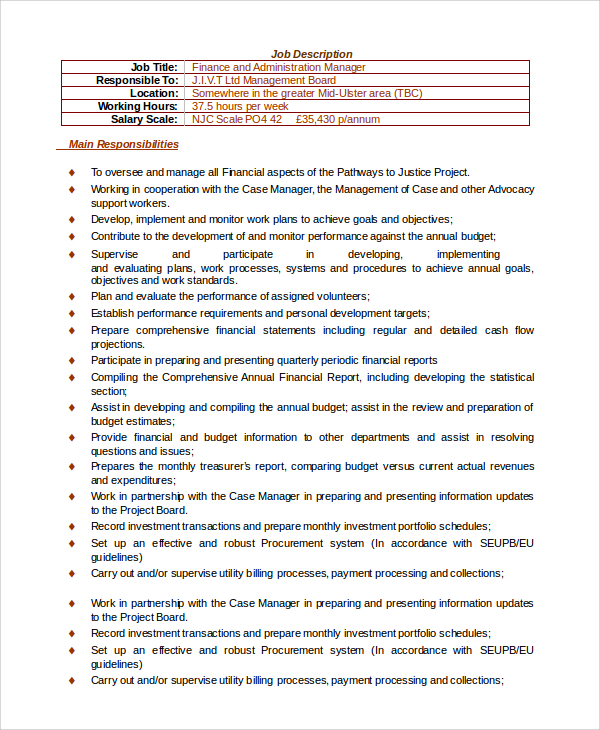 finance and administration manager job description pdf